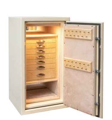 Amethyst in Warm Cream with Oil Rubbed Bronze, Oyster Microsuede, 7 Curly Maple Drawers, 2 Necklace Racks