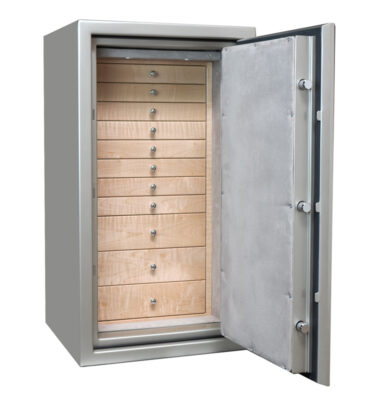 Amethyst in Platinum with Chrome Hardware, 11 Curly Maple Drawers, Silver Mist Microsuede