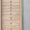 Amethyst in Platinum with Chrome Hardware, 11 Curly Maple Drawers, Silver Mist Microsuede