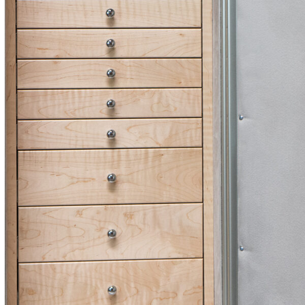 Amethyst in Platinum with Chrome Hardware, 11 Curly Maple Drawers, Silver Mist Microsuede