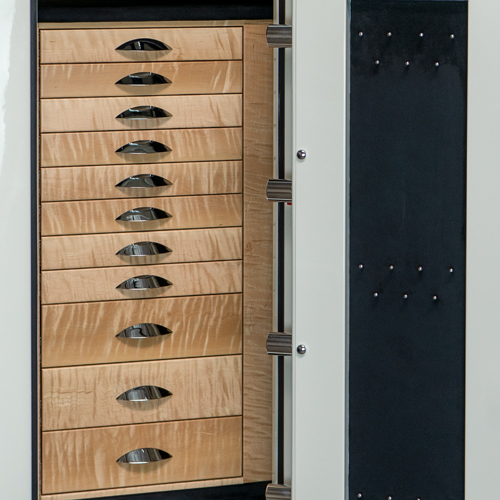 Emerald in Alabaster with Curly Maple Drawers, Chrome Hardware and Ebony Microsuede