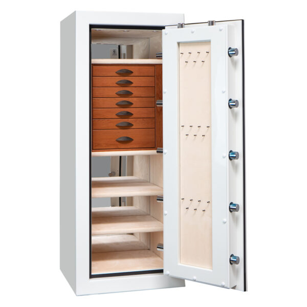 Emerald in Alabaster, Oil Rubbed Bronze Hardware, Champagne Microsuede, 7 Cherry Drawers, Necklace Panel