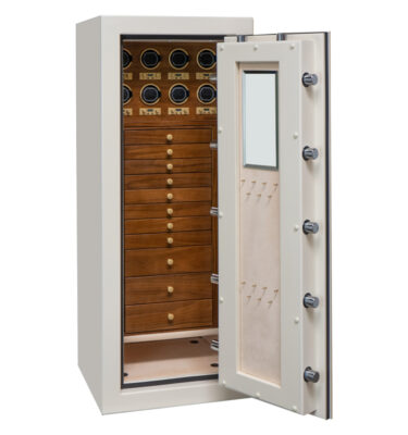 Emerald in Warm Cream with Satin Gold, 11 Walnut Drawers, Champagne Microsuede, 8 Watch Winders, Necklace Panel with Mirror