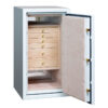 Amethyst Mid-Size Jewelry Safe in Alabaster, Polished Brass, Oyster Microsuede, 6 Curly Maple Drawers