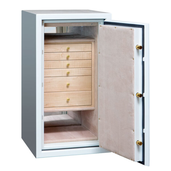 Amethyst Mid-Size Jewelry Safe in Alabaster, Polished Brass, Oyster Microsuede, 6 Curly Maple Drawers