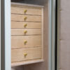Amethyst Mid-Size Jewelry Safe in Alabaster, Polished Brass, Oyster Microsuede, 6 Curly Maple Drawers