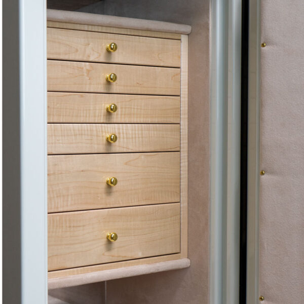 Amethyst Mid-Size Jewelry Safe in Alabaster, Polished Brass, Oyster Microsuede, 6 Curly Maple Drawers