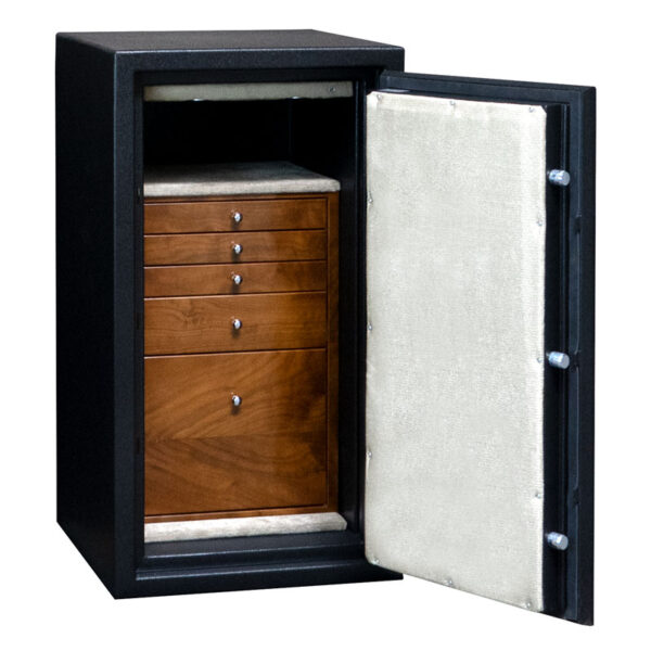 C34 Mid-Size Jewelry Safe in Textured Black, Chrome Hardware, 4 Walnut Drawers + File