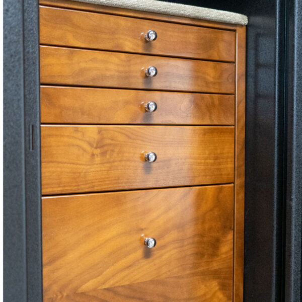 C34 Mid-Size Jewelry Safe in Textured Black, Chrome Hardware, 4 Walnut Drawers + File