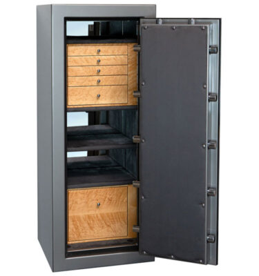 Emerald in Titanium Metallic with Polished Chrome Hardware, Charcoal Microsuede, High Gloss Birdseye, 5 Drawers + File