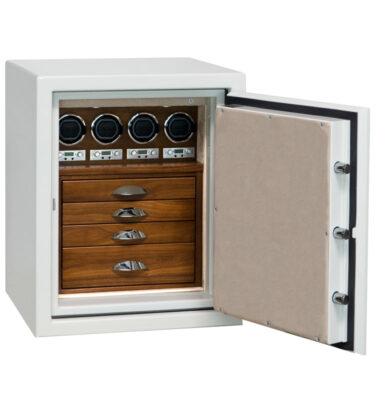 Sapphire in Alabaster Paint with 4 Walnut Drawers and 4 Programmable Watch Winders, Polished Chrome Hardware and Oyster Microsuede