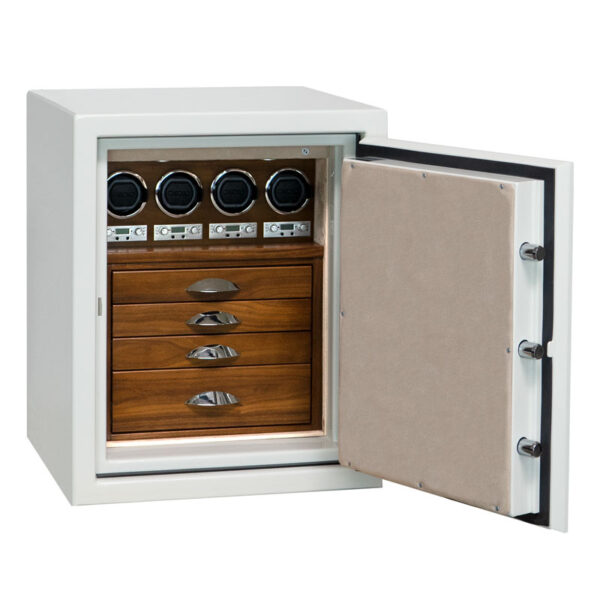Sapphire in Alabaster Paint with 4 Walnut Drawers and 4 Programmable Watch Winders, Polished Chrome Hardware and Oyster Microsuede
