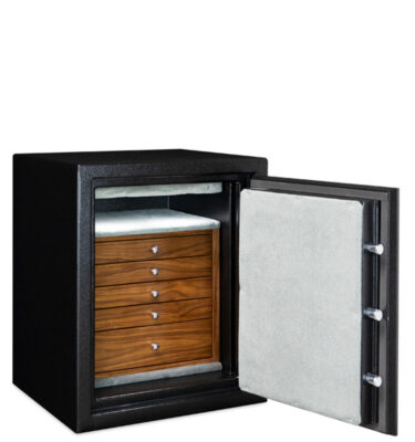 C21 in Textured Black, 5 Walnut Drawers, Polished Chrome Hardware