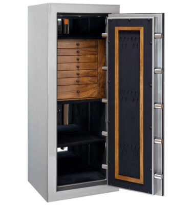 Emerald (size tall) Jewelry Safe in Titanium Metallic, Matte Black Trim, 7 Walnut Drawers, Door Necklace Panel