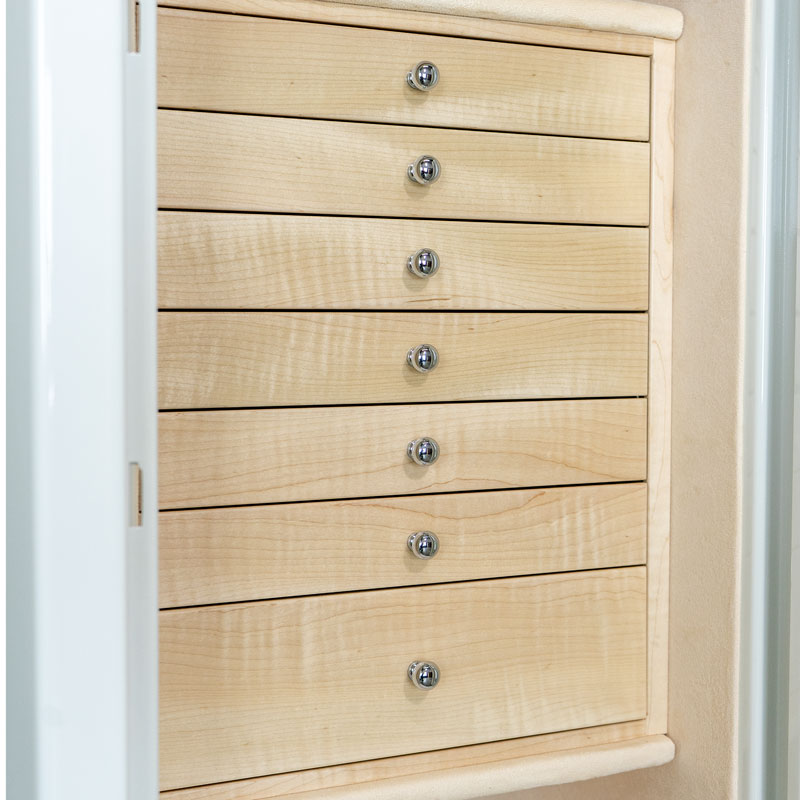 Amethyst in Alabaster High Gloss, 7 Curly Maple Drawers, Chrome Hardware, Champagne Microsuede