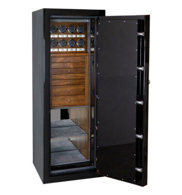 High Security TL30 Emerald Jewelry Safe in Onyx with 7 Walnut Drawers, 8 Watch Winders, Charcoal Microsuede, Chrome Hardware
