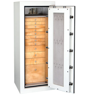 Emerald in Alabaster, Diamond Knobs, Silver Mist Microsuede, 11 High Gloss Curly Maple Drawers + File, Necklace Panel