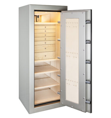 Carolina - Emerald Jewelry Safe in Platinum with 7 Drawers in Birdseye, Chrome, Champagne, Neck Panel