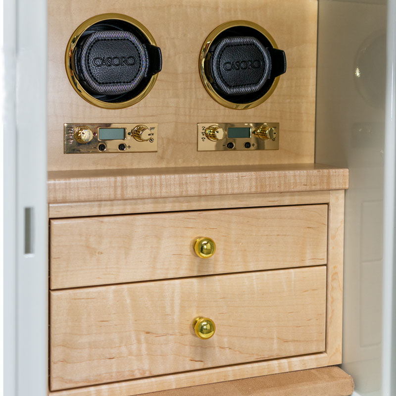 Topaz (size) Jewelry Safe in Alabaster, Brass, Camel, 2 Curly Maple Drawers, 2 Watch Winders