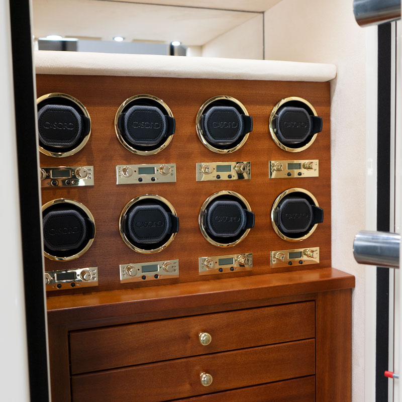 Interior Watch Winders of Emerald Safe with 7 Mahogany Drawers, 8 Programmable Watch Winders, Brass Hardware, Champagne Microsuede, Necklace Panel