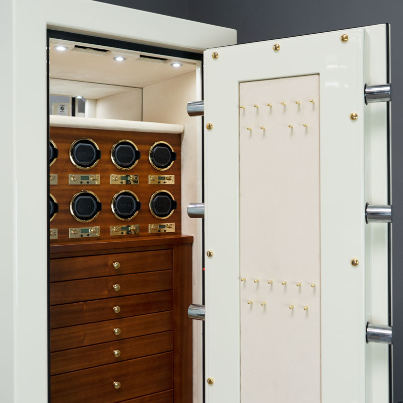 Interior of Emerald Safe with 7 Mahogany Drawers, 8 Programmable Watch Winders, Brass Hardware, Champagne Microsuede, Necklace Panel
