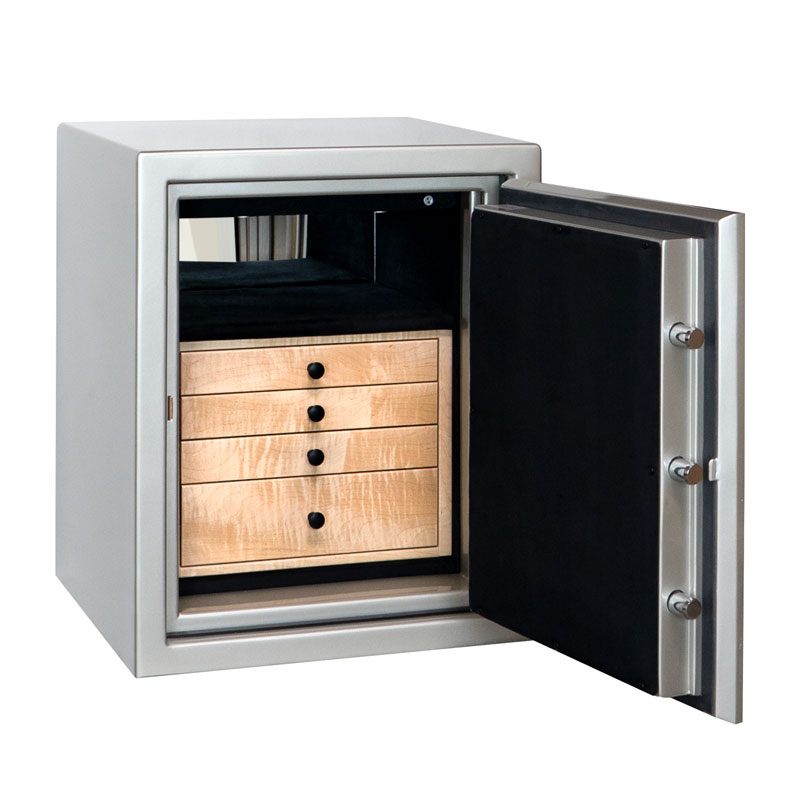 Sapphire in Platinum Metallic with Matte Black Hardware, 4 Curly Maple Drawers