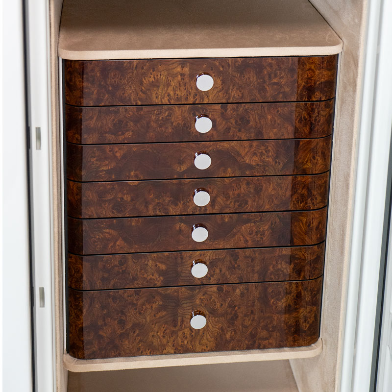 Alabaster Jewelry Safe in Limited Edition Correlian Burrell Push-to-Open drawers, Chrome Hardware, Champagne Microsuede