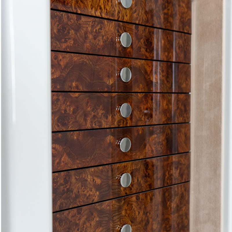 Alabaster Jewelry Safe in Limited Edition Correlian Burrell Push-to-Open drawers, Chrome Hardware, Champagne Microsuede