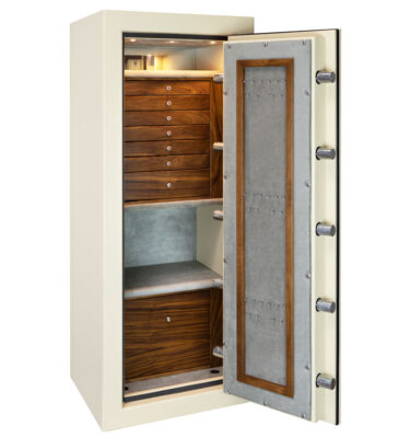 C54 Jewelry Safe in Textured Parchment, 7 Walnut Drawers, File, Door Necklace Panel with Chrome Hardware
