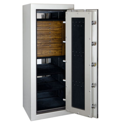 Emerald in Platinum Metallic with 7 Limited Edition Black Limba Jewelry Drawers, Ebony Microsuede and Polished Chrome Hardware and Door Necklace Panel