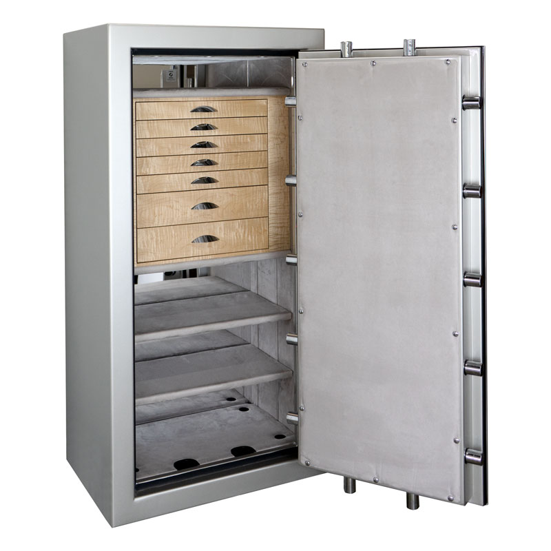 Ruby in Platinum Metallic with 7 Curly Maple Jewelry Drawers, Silver Mist Microsuede, Polished Chrome Hardware