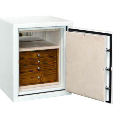 Sapphire in Alabaster with 4 Walnut Drawers, Chrome Hardware, Oyster Microsuede