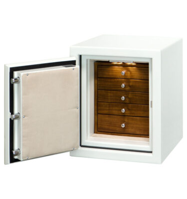 Topaz (compact) Jewelry Safe in Alabaster, 5 Walnut Drawers, Chrome Hardware, Oyster Microsuede