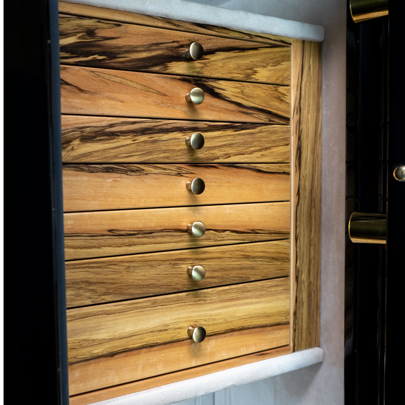 Emerald in Onyx with 7 African Olive Drawers, Brass Hardware, Oyster Microsuede