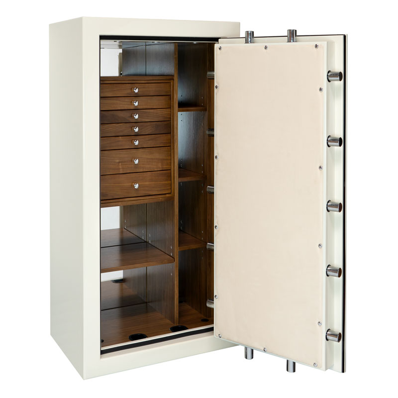 Ruby Elite in Warm Cream with 7 Walnut Drawers, Champagne Microsuede and Chrome Hardware