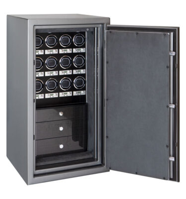 Denali Watch Safe in Titanium with Charcoal Microsuede, 3 Carbon Fiber Drawers and 12 Programmable Watch Winders