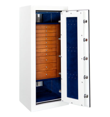 Emerald in Alabaster with 11 Cherry Jewelry Drawers, Chrome Hardware, Royal Blue Microsuede, Door Necklace Panel