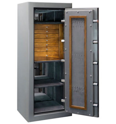 Emerald in Titanium Metallic, 7 Walnut Jewelry Drawers, Necklace Panel, Chrome Hardware, Charcoal Microsuede