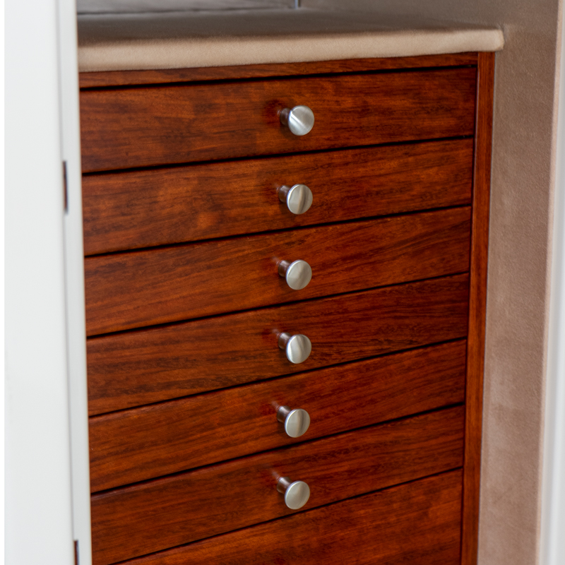 Amethyst (Mid-Size) Jewelry Safe in Warm Cream, Bubinga, Satin Chrome, Camel Microsuede
