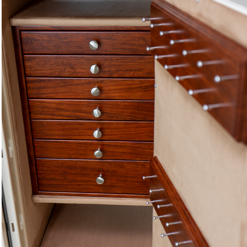 Amethyst (Mid-Size) Jewelry Safe in Warm Cream, Bubinga, Satin Chrome, Camel Microsuede, 7 Jewelry Drawers, Necklace Storage