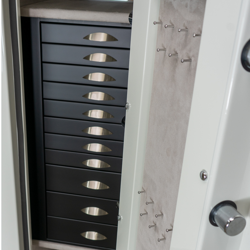Emerald in Alabaster, Satin Chrome, 11 Blackwood Drawers, Necklace Panel