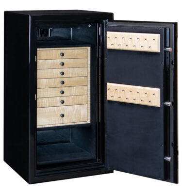 Amethyst in Onyx with 7 Curly Maple Drawers, Matte Black Hardware, Ebony Microsuede, Necklace Storage