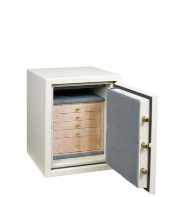C21 (small) Jewelry Safe in Textured Parchment, Polished Brass, 5 Curly Maple Drawers