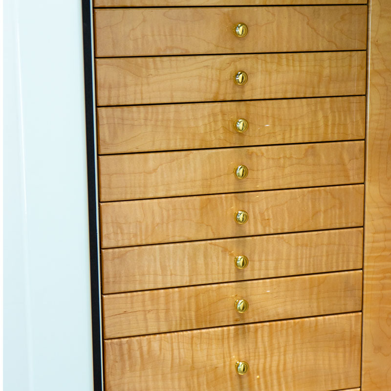 Emerald in Alabaster, High Gloss Curly Maple, Polished Brass Hardware