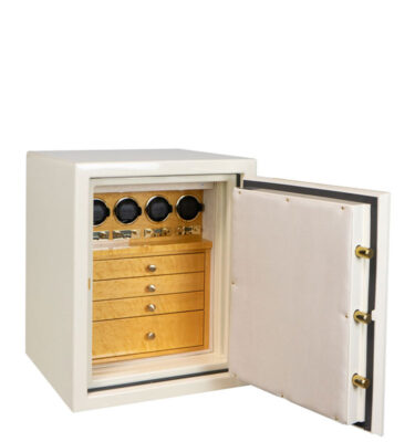 Sapphire (size small) in Warm Cream, High Gloss Birdseye Maple, 4 Drawers, 4 Programmable Watch Winders