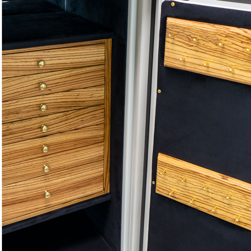 Amethyst in Alabaster, 7 Zebra Jewelry Drawers, Polished Brass, Ebony, Necklace Racks