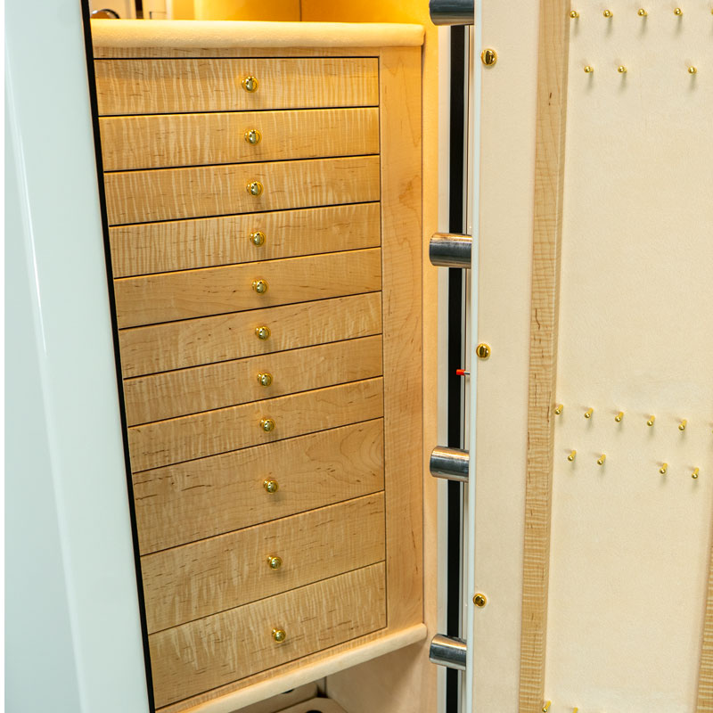 Emerald (size tall, large) Jewelry Safe in Alabaster with 11 Curly Maple Drawers, Polished Brass Hardware, Door Necklace Panel, Champagne Microsuede