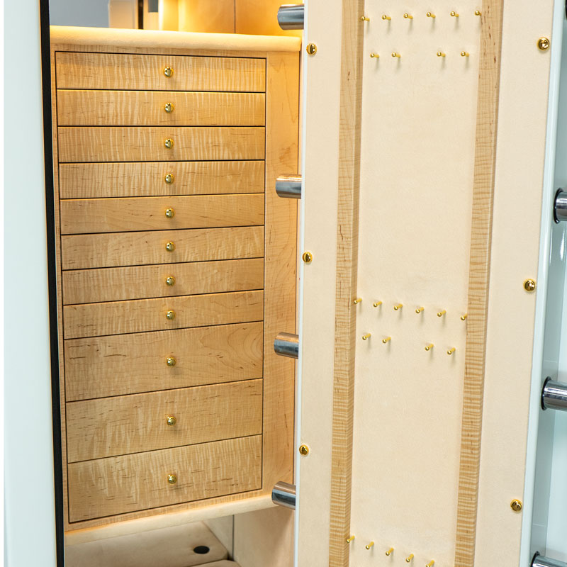 Emerald (size tall, large) Jewelry Safe in Alabaster with 11 Curly Maple Drawers, Polished Brass Hardware, Door Necklace Panel, Champagne Microsuede