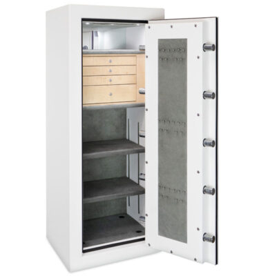 Trish - C54 in Textured White, 4 Curly Maple Drawers, Polished Chrome Hardware, Door Necklace Panel