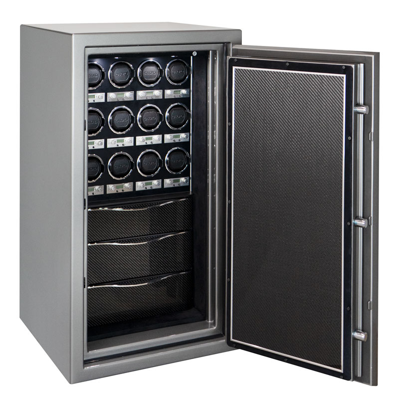 Denali Watch Safe in Titanium with 12 WOLF Watch Winders, 3 Soft-Close Drawers, Carbon Fiber Interior